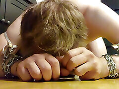 Fag chastity slave eats cum icecube to get the key for his bondage