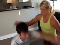 Blonde Wrestles and Crushes a Man, Mixed desiteen im on the Mat with Scissors