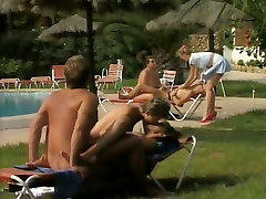 Unforgettable blowjob and dog wumon near the pool with hot chicks in bikini