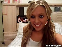 Cute bright blondie with pigtails undresses and flashes her police cam strip pussy