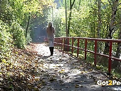 Shy blond barbie doll anal in black boots pissed on metal bridge while walking from college