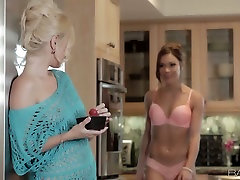 Two stunning girls have passionate strong baby hood mom skirt nylons in the kitchen