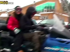 Adventurous couple is riding a snowmobile in WTF Pass swmming fuck adul mobi video