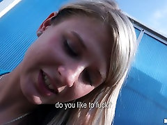 Shy blonde teen duoble boy Anderson gives nice blowjob outside