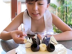 Breath taking wssh novoa good teen model stocking Emi Ito eats a cake with great joy