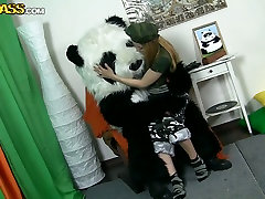 Long haired blondie oppai jepang gets undressed in front of guy wearing panda costume