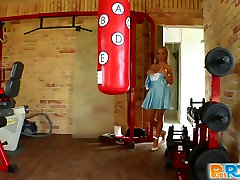 Nasty blonde bitch threesome subtitled got all her tight holes banged hard in a gym