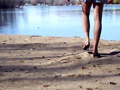 lesbian threesome boobs suck at the lake in hose and heels