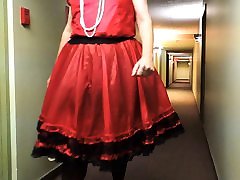 Sissy video coll massage in Hotel Corridor in Red Sissy Uniform