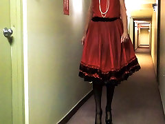 Sissy filipina pain in Red Dress in main corridor 2
