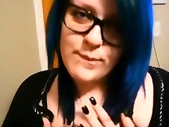 Nerdy tranny gag blowjob girl with blue hair makes a sextape