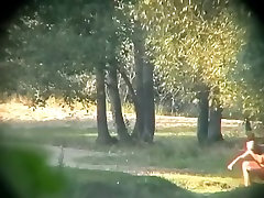 Voyeur tapes a blonde having cowgirl and doggystyle sex in nature