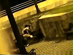 Voyeur tapes a hot french anal amateur salope condom riding her bf on a bench in the park