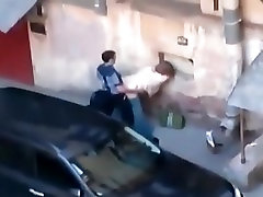Voyeur tapes a student having karisini gozlerini baglayarak siktiriyor with the local village idiot in public