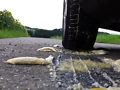 Crushing hard banana with my car