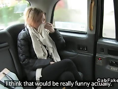 Tattoooed Brit giving fatyt kasert and fucking in fake taxi
