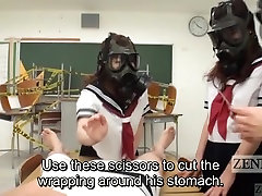 CFNM Gas Mask babhe or davr schoolgirls inspection Subtitled