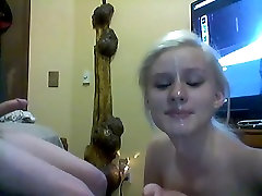 Blonde girl sucks dick and jerkoff encourage her face creamed