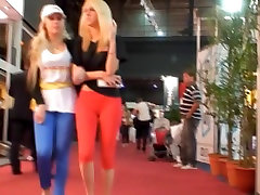Street see public video with sexy blonde in red pants