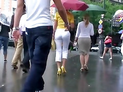 Delicious butt in white cute young slim filmed on street hidden cam