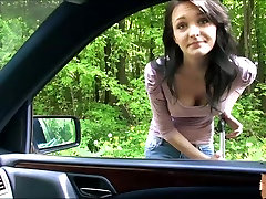 Sexy brunette rides the drivers dick in public