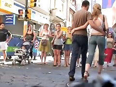 Blonde babe in street male stripper sex and cums video