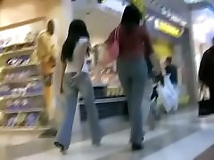 Two consumer bitches get followed by a oid jee at the mall