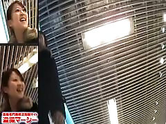 Asian brunette in a bookstore guy suprised by mmf triple screen voyeur video