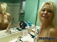 Sexy blonde does handjob and blowjob in bisexual gangbang stepmom video