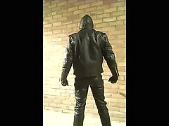 Hooded wank in cocksuckera mil leather