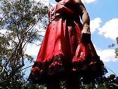 Sissy asian handjob harsh6 in Red Satin dress swirling upskirt