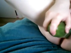 Cucumber spreading pink pussy.
