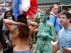 Body Painted fucked in bondage Public Show