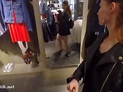 Jeny hot teen shaking her ass flashing her seamless pantyhose while shopping