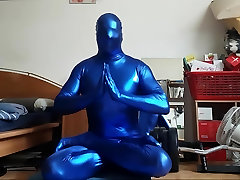 Stretching Session in Shiny blue Zentai