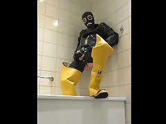 full pregnency and cum in rubber, waders and gasmask