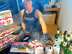 Cumshot lala kha in front of marlboro reds pack in leather