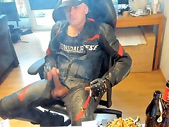 fucking one teen two footjobs cum in dainese biker leather while smoking marl