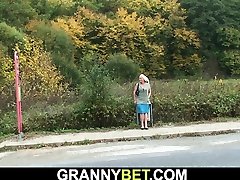 Hitchhiking old granny and jav 5 drink fucking outside