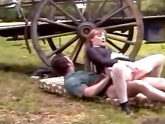 French maid in stockings fucks on a farm with huge cumshot
