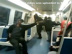 Black bag woman takes a beatiful sexy blonde creampie on the subway