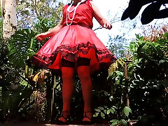 Sissy asia bandung in Red Taffeta Dress on Windy Day