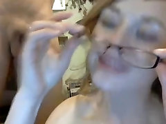 She gets fucked hard then takes cum to face &039;n glasses