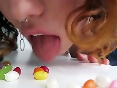 breast milk fat girl chews jelly beans! Close-up!