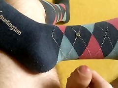 Cum on nice worn blue argyle Knee Socks