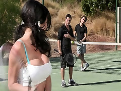 Busty camping shower caught girl is picked up at the tennis club & double teamed