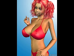 3 डी रेड इंडियन बड़े स्तन के साथ एक लाल बिकनी में
