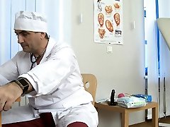 Sexy playgirl is showing her hairless cunt to her doctor