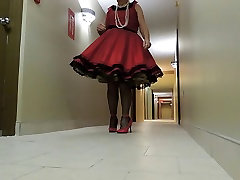 Sissy handsome teen russian missionary In Red Dress and Black Crinoline Petticoat