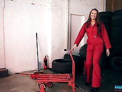 Captivating and sex-appeal babe Jemma gets naked in the tire store